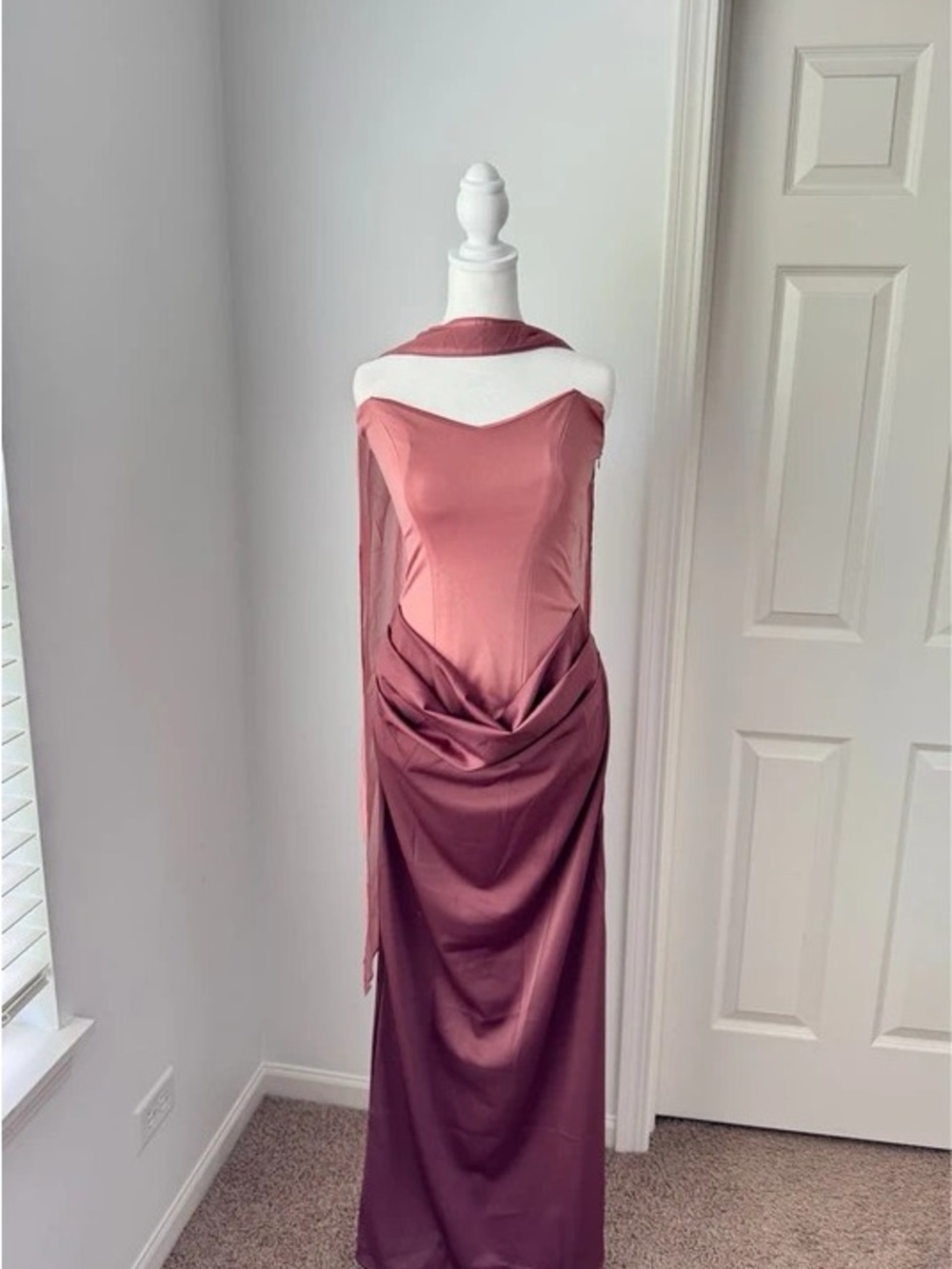 Two-Tone Rose Maxi Gown with Draped Skirt